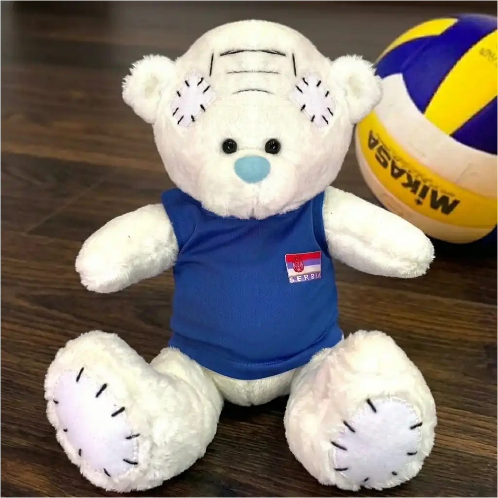 Plišani meda u odbojkaškom dresu sa grbom i imenom po želji. Odbojkaški dres sa imenom