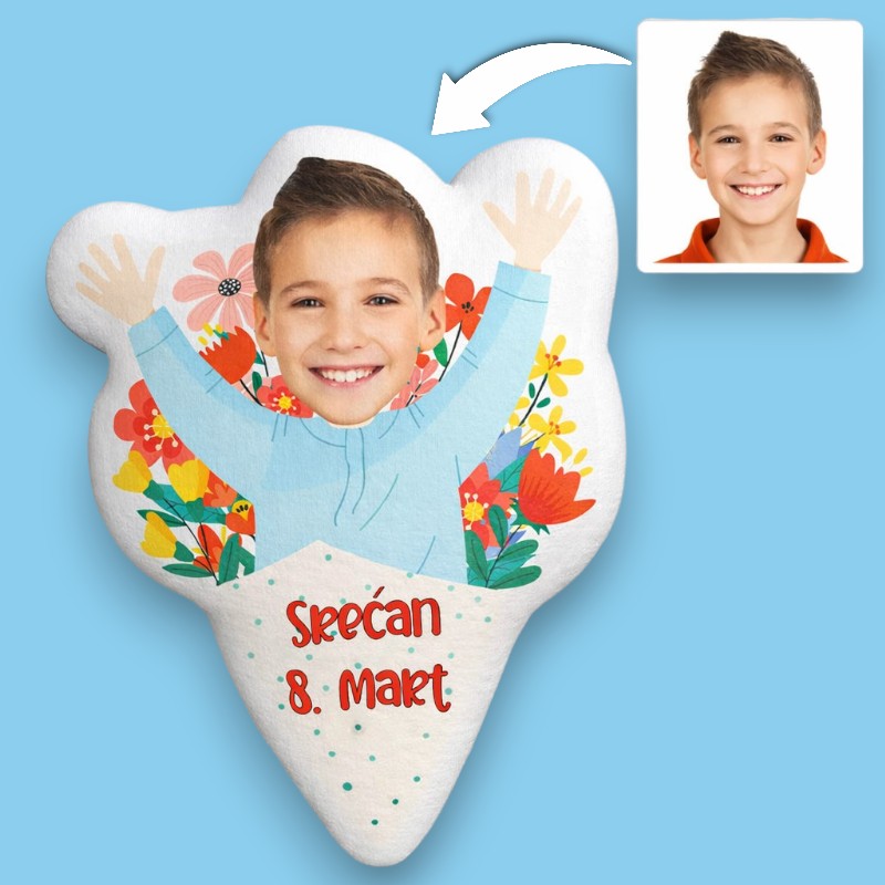Personalizovani poklon jastuk za 8. mart (osmi mart) - Buket sa likom i tekstom po žeji!